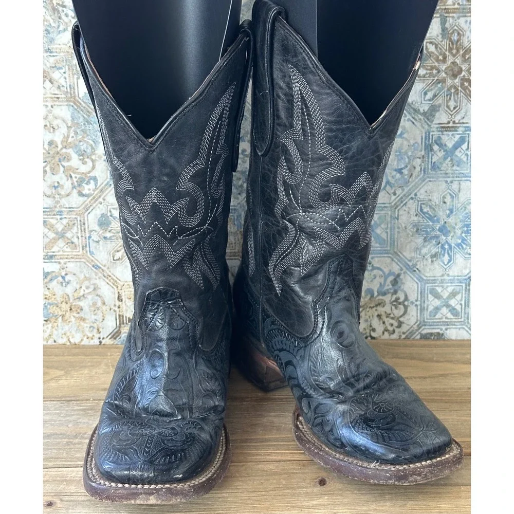 Tanner Mark Western Cowboy Boots Embossed Leather Kids 4 Black